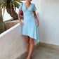 Women Light Blue Midi Dress Deep V Neck Short Sleeve Ruched Waist Asymmetrical Hem Bodycon Dresses Party Club Outfits