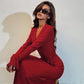 V Neck Long Sleeve Maxi Dresses Women Elegant Fashion Brown Red Green Ribbed Knit Dress Fall Winter Clothes