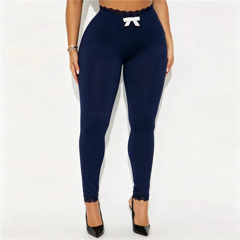 Women Solid Leggings High Waist Lace Trim Waist Ankle Hem With Bow Decor Bodycon Skinny Pants Casual Lounge Leggings