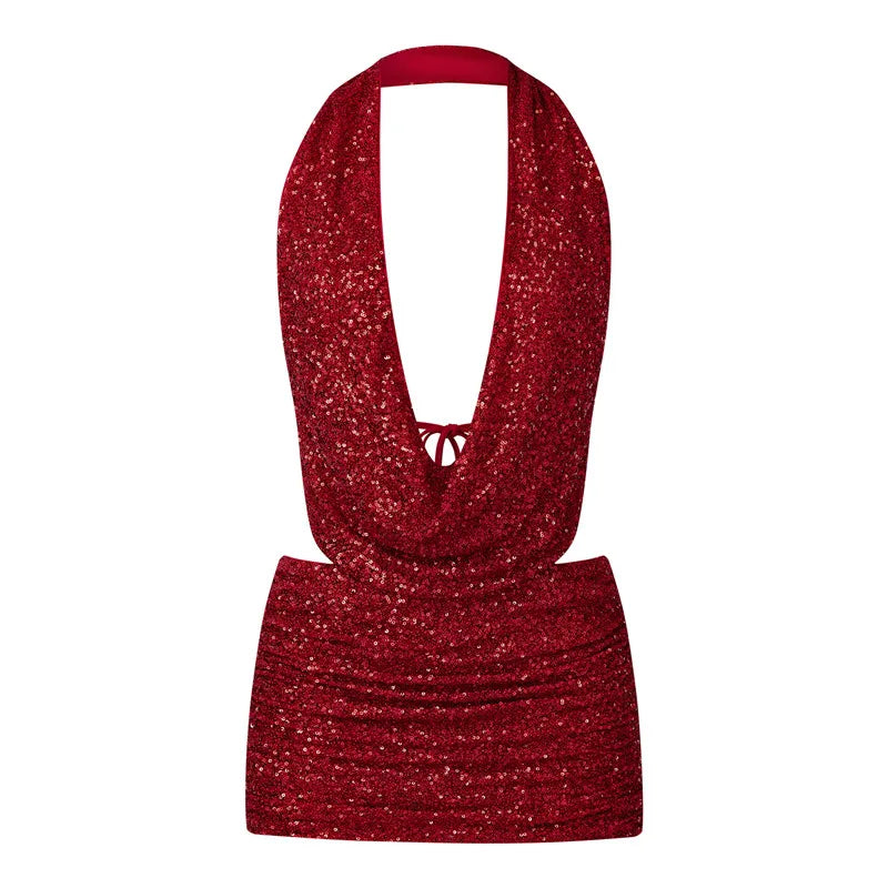 Women Sequin 2 Piece Outfit Sparkly Sexy Bodycon Sleeveless Halter Crop Top Split Mini Skirt Set Going Out Club Suit