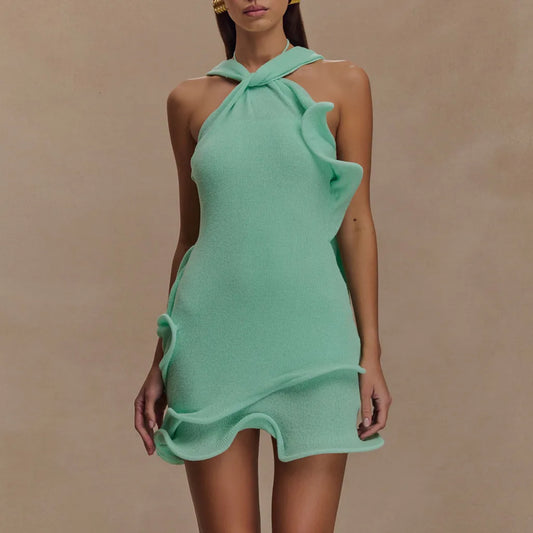 Women Knitted Halter Mini Dress Sleeveless Crochet Ruffle Edge Bodycon Short Dresses Y2k Sexy Beach Coverup Sundres