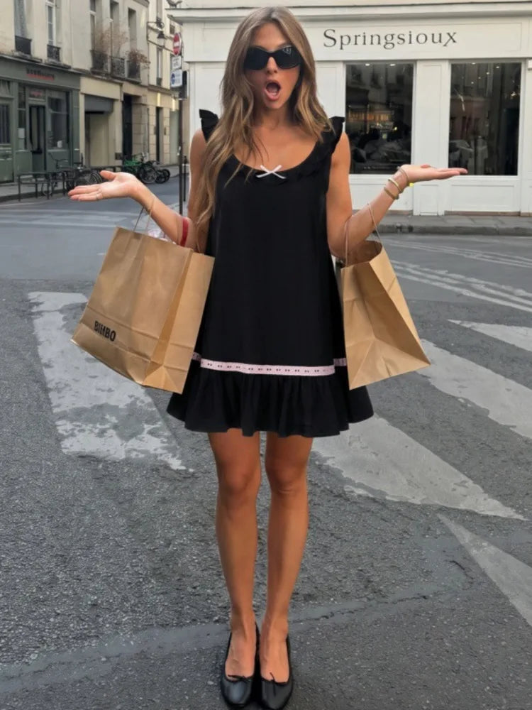 Women Ruffle Strap Mini Dress Sweet Bow Decor Contrast Lace Trim Sleeveless A‑Line Short Dress Y2K Casual Party Dress