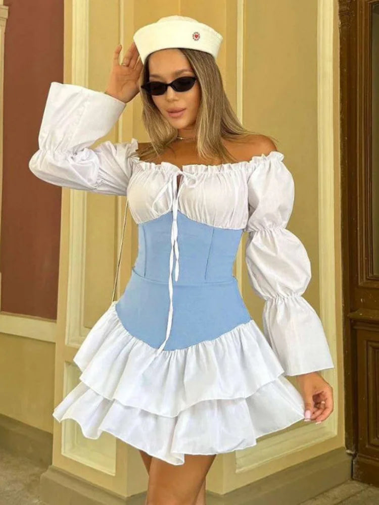 Off The Shoulder Long Sleeve Short Dresses for Woman 2025 Autumn Fashion Patchwork Corset Dress