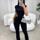 Sexy 2Piece Set Women Tracksuit Sleeveless O-Neck Side Split Bodysuit+Flare Pants Stretch Midnight Matching Clubwear