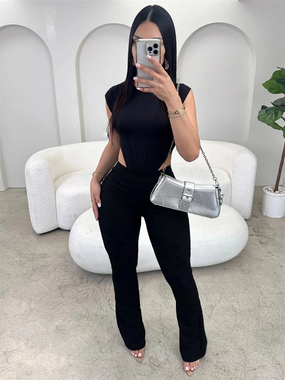 Sexy 2Piece Set Women Tracksuit Sleeveless O-Neck Side Split Bodysuit+Flare Pants Stretch Midnight Matching Clubwear