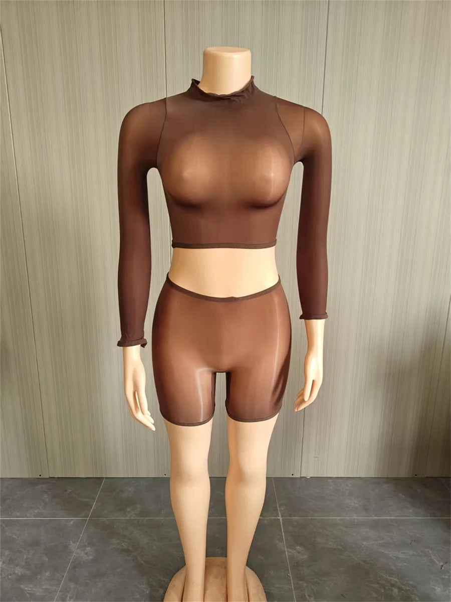 Wild See Through 2 Piece Set Women Sexy Turtleneck Full Sleeve Crop T-Shirt+Bike Shorts Midnight Street Club Suits