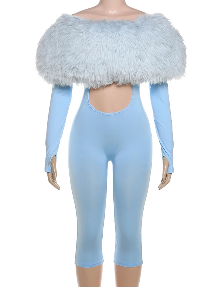 Furry Slash Neck Jumpsuit Woman Sexy Hollow Patchwork Full Sleeve Backless Skinny Hottie Street Autumn New Overalls