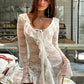Women Lace Mini Dress Long Flare Sleeve Ruffle V Neck Tie‑Up Sheer Mesh See‑Through Short Party Beach Dress For Women