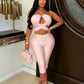 Midnight Sexy Fashion 2 Piece Set Woman Metal Ring Halter Bandage Backless Tops+Skinny Peach Hip Shorts Party Suits