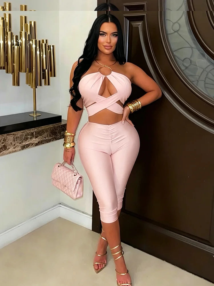 Midnight Sexy Fashion 2 Piece Set Woman Metal Ring Halter Bandage Backless Tops+Skinny Peach Hip Shorts Party Suits