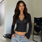 Polka Dot T Shirts Lace Trim Deep V Neck Long Flared Sleeves Fitted Crop Tops for Women Clothes Autumn 2026