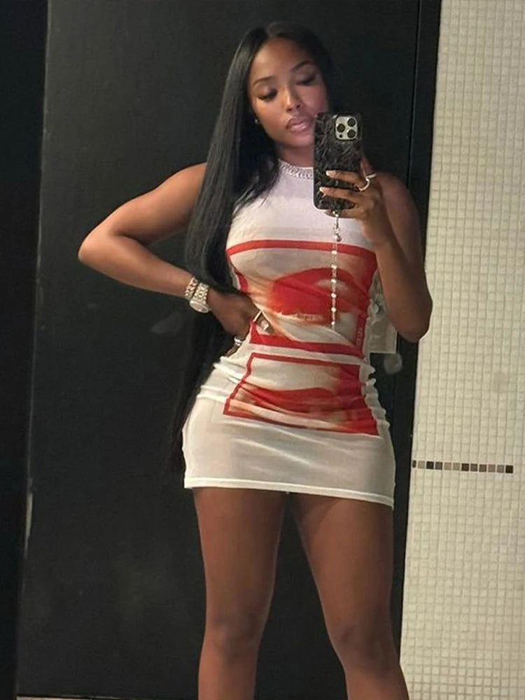 Lip Print Women Long Tops Sexy Y2K Hipster Thin O-neck Sleeveless Wild Basic Stunning Street Club Midnight Party Vest