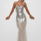 Silver Metallic Sexy Maxi Dress Women Elegant Spaghetti Strap Sleeveless Backless Bodycon Mesh Mermaid Party Long Dress