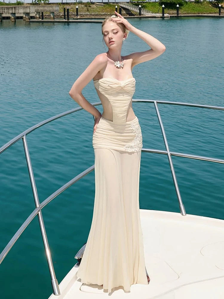 See Through Hem Folds Bandage Maxi Dress Women Waistless Backless Patchwork Flower Decoration Party Vacation Vestidos