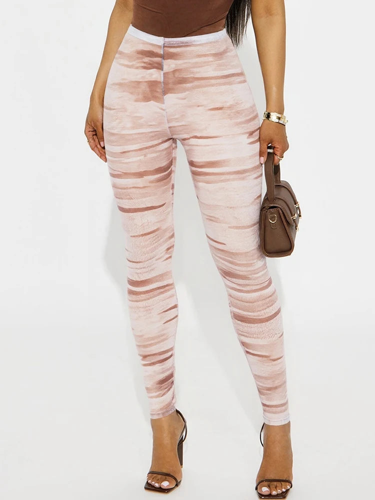 Sexy See Through Women Leggings Colorful Print High Waist Tight Midnight Party Club Y2K Stretch Skinny Long Trousers