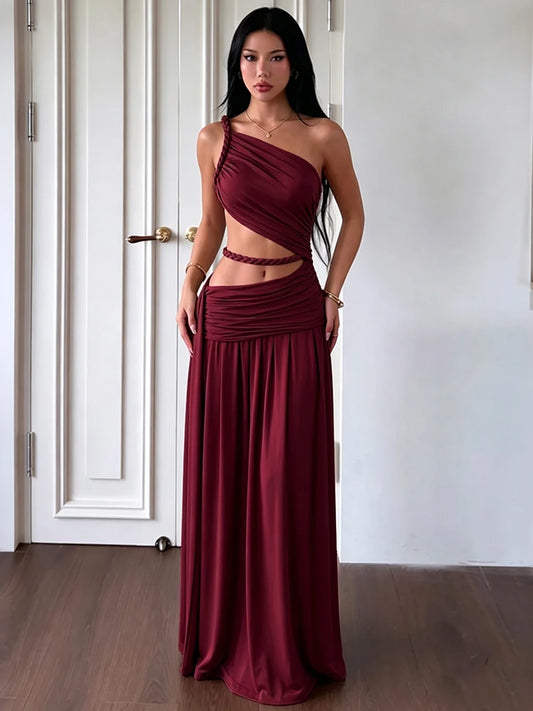 Skew Collar Sexy Rope Patchwork Dress Women Fashion Hollow Ruched Ribbon Sleeveless Elegant Vacation Party Long Bodycon