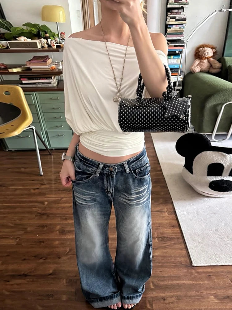 Loose t-Shirt Women Off-Shoulder Batwing Sleeve Folds Leisure Comfortable Summer Fashion Daily Commute Streetwear