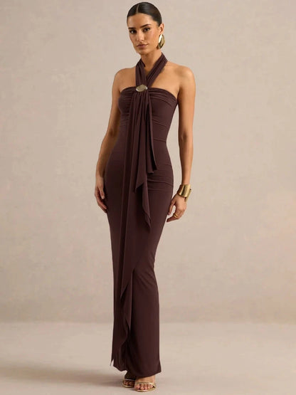 Women Halter Backless Maxi Dress Metal Buckle Decor Draped Sash Ruched Bodycon Long Dress Evening Party Wedding Dress