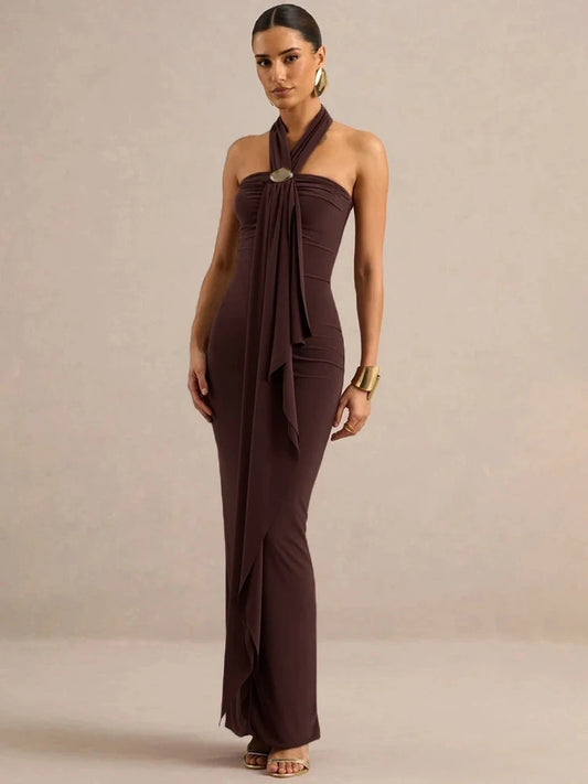 Women Halter Backless Maxi Dress Metal Buckle Decor Draped Sash Ruched Bodycon Long Dress Evening Party Wedding Dress