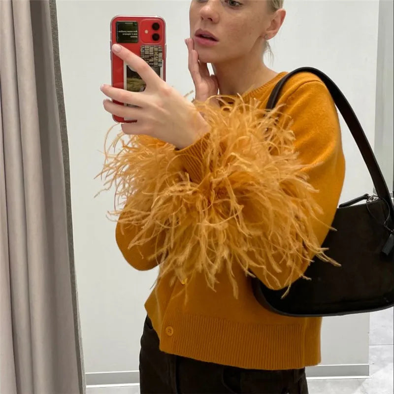 Fashion O Neck Sweater Tops Fur Feather Patchwork Long Sleeve Knitted Cardigan Spring Fall Slim Knitwear Top Streetwear
