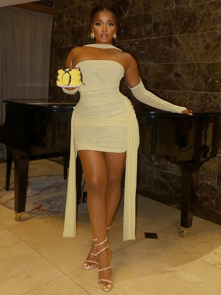 Sexy See Through Dress+Shawl Women Side Ribbon Ruched Coquette Skinny Midnight Clubwear Summer Vacation Party Bodycon