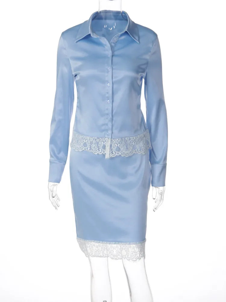 Women 2 Piece Outfit Lace Trim Long Sleeve Button Down Shirt Midi Pencil Skirt Set Elegant Office Party Matching Suit