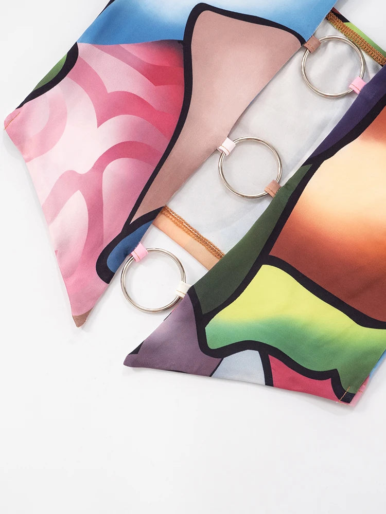 Sexy Fashion 2 Piece Set Women Metal Rings Patchwork Hollow Print Tube Tops+Skinny Pants Hottie Midnight Hipster Suit