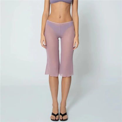 hirigin Sheer Mesh Flare Capri Pants Women High Waist See Through Mid Calf Trousers Sheer Pants For Beach Cover Up Daily Wear