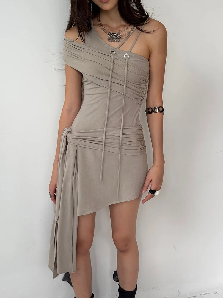Hollow Tassel Dress Women Slanted Shoulder Folds Bandgae Irregular Hem Sexy Music Festival Sexy Midnight Mini Bodycon