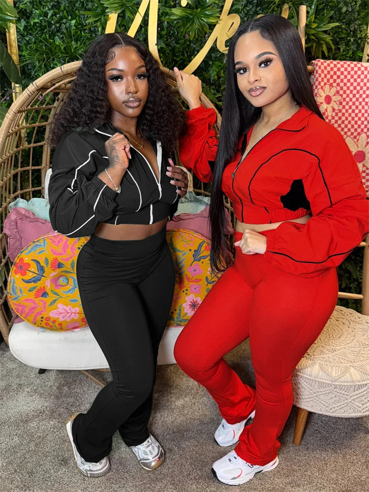 Casual 2 Piece Set Women Tracksuit Patchwork Full Sleeve Zip Elastic Hem Crop Jacket+Flared Pants Sporty Streetwear