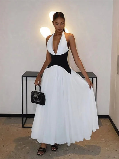 Deep V Neck Backless Empire Waist Maxi Dress Elegant White Prom Dresses Woman Summer