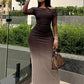 Mesh Gradient Maxi Dress Women Ruched Slash Neck Backless Full Sleeve Vacation Street Fashion Elegant Skinny Vestidos