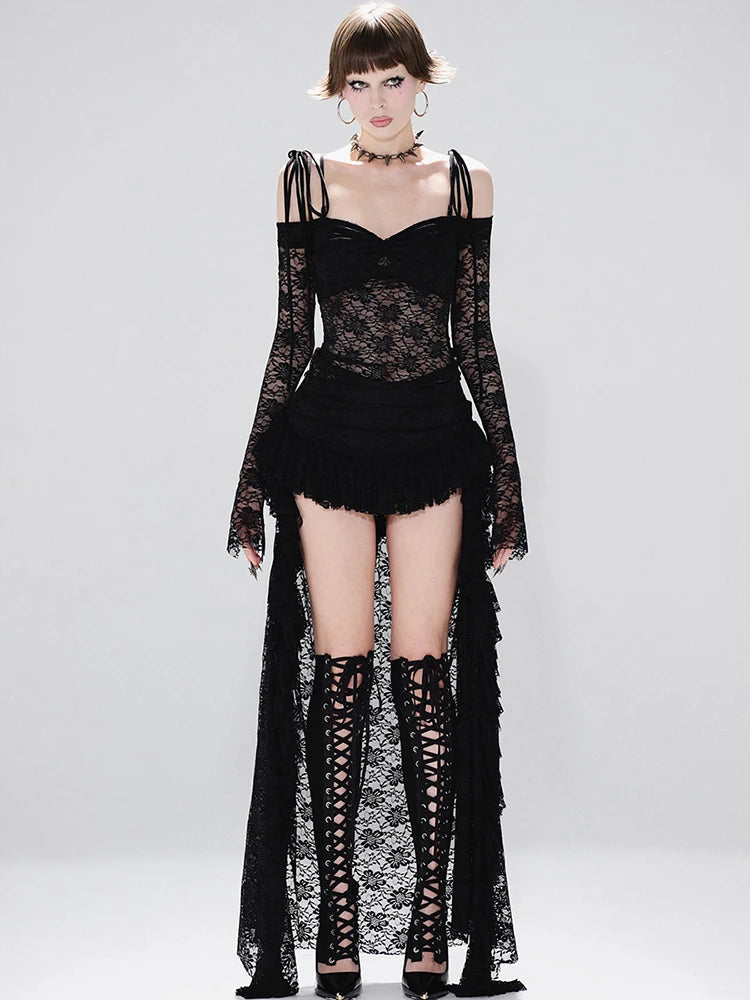 Irregular Hem Dress Women Slash Neck Sexy See Through Bandages Jacquard Lace Full Sleeve Ruched Ruffled Party Bodycon