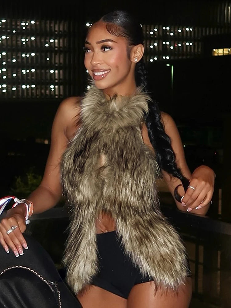 Sexy Furry Tank Tops Women Hipster Halter Y2K Backless Bandage Midnight Party Clubwear Summer Trend  Wild Basic Vest