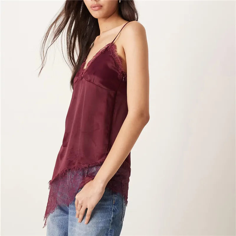 Womens Satin Camisole Tops Stylish Solid Color Lace Trimmed Asymmetric Cut Sleeveless Spaghetti Strap Vest Summer Street