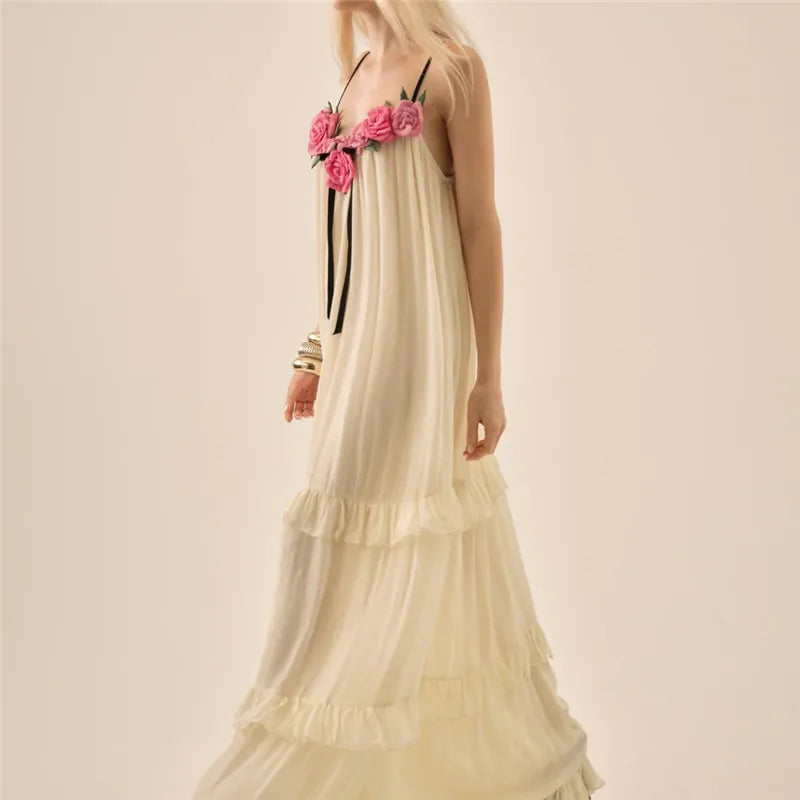 Women Long Dress 3D Floral Decor Sleeveless V-Neck Cami Dress Summer Fashion Ruffles Casual Spaghetti Strap Party Dress