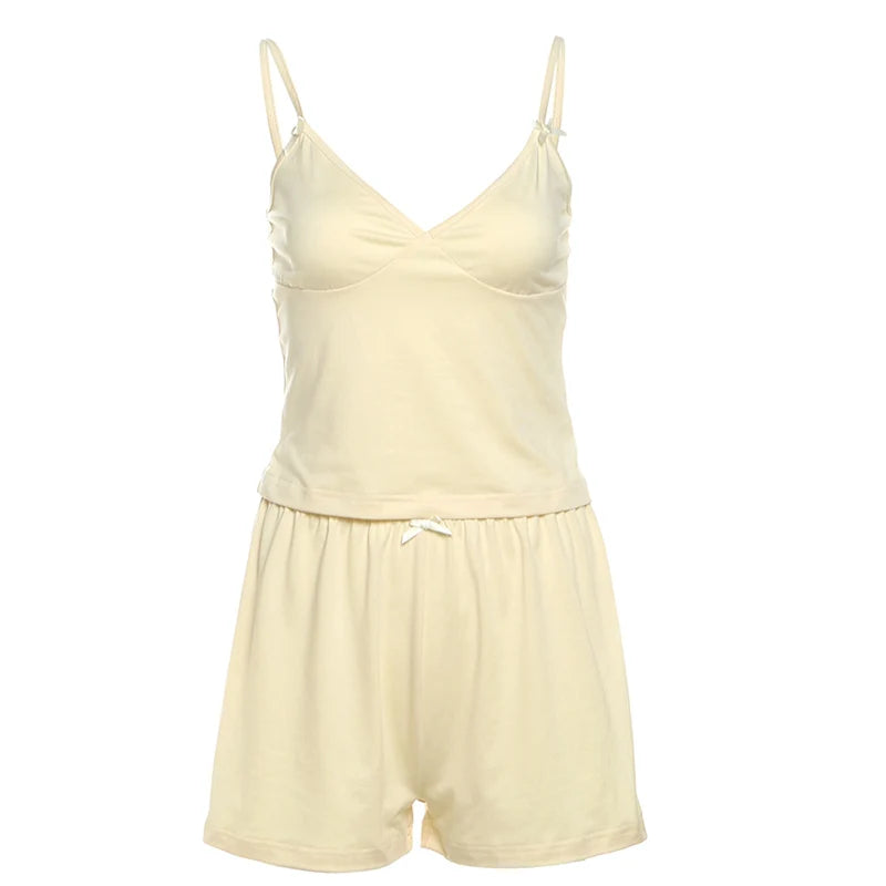 Sporty Streetwear Women Trend Simple 2-Piece Set Trend Fashion Bow Appliques Low Chest Camisole+Shorts Hottie Suits