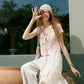 Women's Sheer Floral Lace Long Vest, V Neck Front Tie Sleeveless Long Outerwear, Scalloped Hem Layering