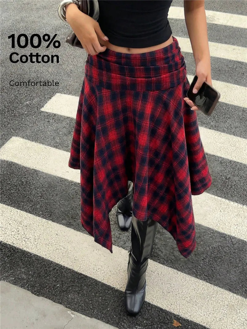 Y2K Preppy College Tartan Midi Skirt Women Fold Over Waist Irregular Asymmetric Hem Plaid A Line Flare Skirt Streetwear