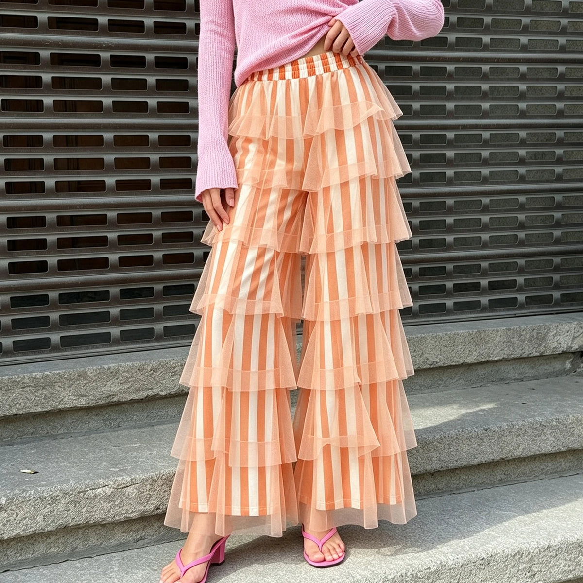 Women Striped Tiered Mesh Flare Pants High Waist Multi Layer Ruffle Tulle Wide Leg Bell Bottom Retro Streetwear Trousers