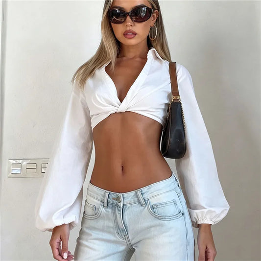 Women Deep V Front Twisted Knot Cropped Blouse Lapel Collar Long Lantern Puff Sleeve Slim Crop Top Solid Casual Shirt