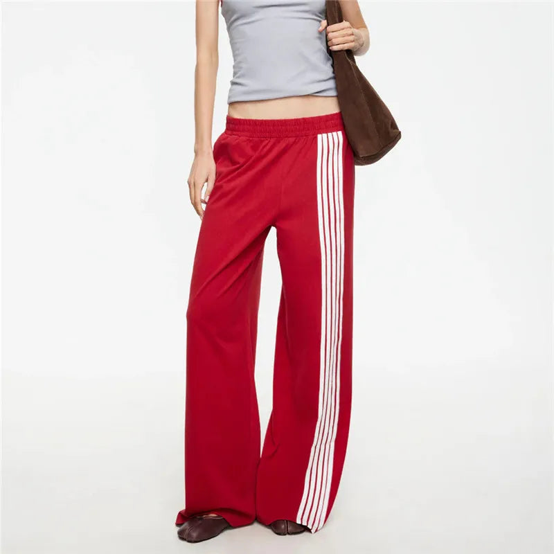 Y2K Women Side Striped Wide Leg Sweatpants Elastic Waist Loose Floor‑Length Sport Trousers Streetwear Casual Pants