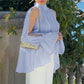 Minimalist Solid Cold Shoulder Chiffon Blouse Mock Neck Back Tie Split Flare Sleeve Loose Irregular Hem Daily Shirt