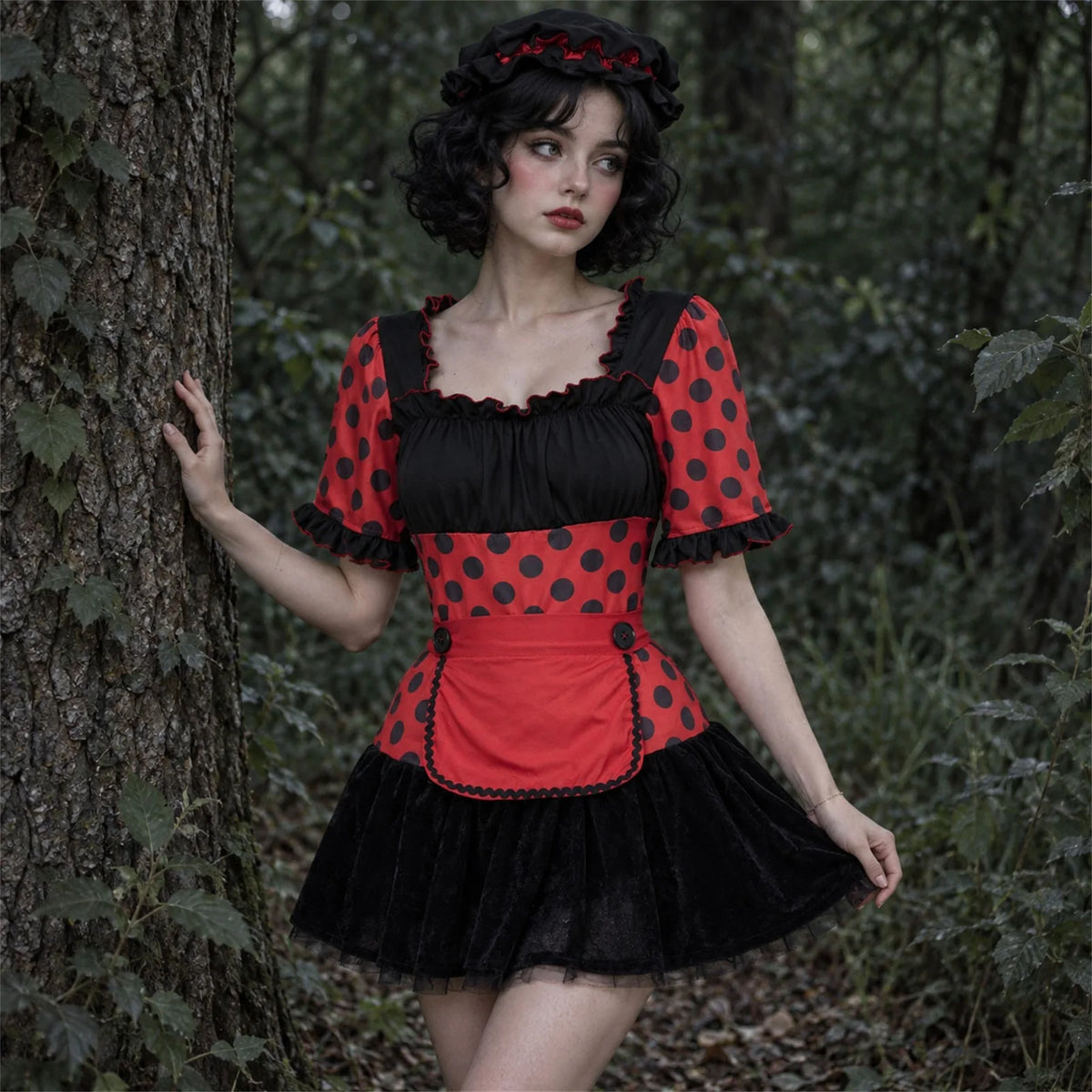 Womens Halloween Ladybug Cosplay Costume Polka Dot Puff Sleeve Tutu Mini Dress Maid Apron and Hat Carnival Fancy Dress