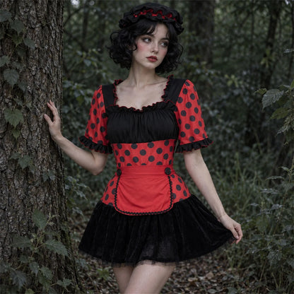 Womens Halloween Ladybug Cosplay Costume Polka Dot Puff Sleeve Tutu Mini Dress Maid Apron and Hat Carnival Fancy Dress