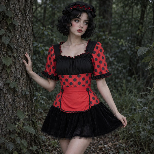 Womens Halloween Ladybug Cosplay Costume Polka Dot Puff Sleeve Tutu Mini Dress Maid Apron and Hat Carnival Fancy Dress
