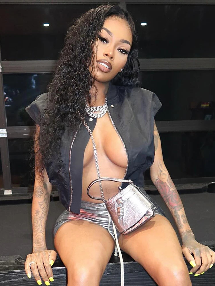 Zip O-Neck Top Women Snap Fastener Loose Casual Sleeveless Sexy Midnight Street Versatile Summer Trend Hottie Clothes