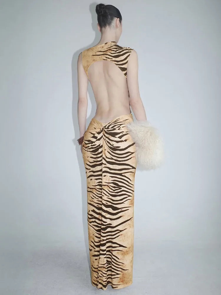 Women Tiger Print Sexy Maxi Dress Elegant Sleeveless Backless Bodycon Long Dress Female Tie Dye Ruched Club Party Dress
