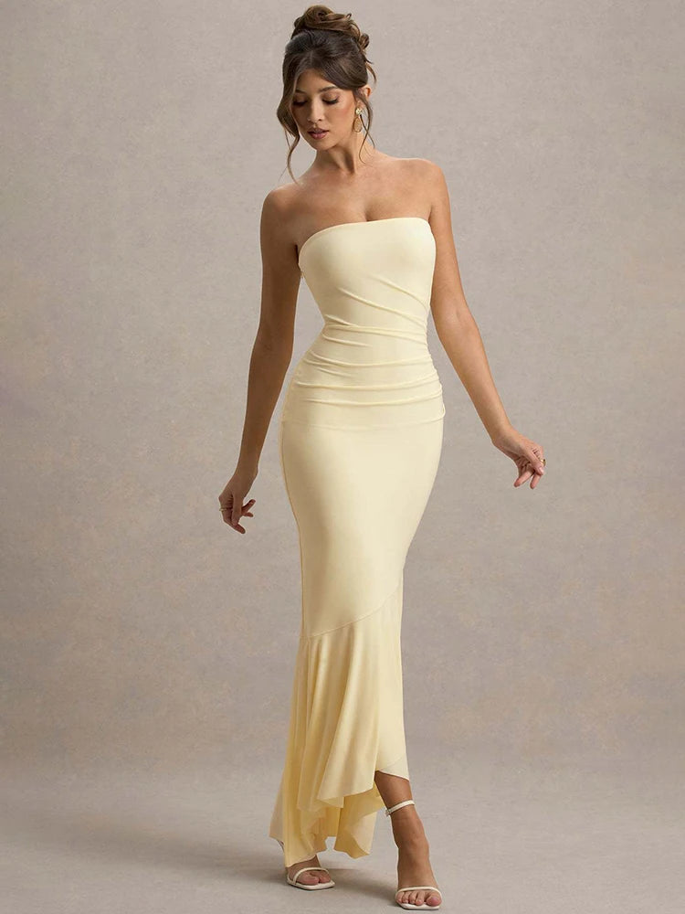Off-shoulder Strapless Sexy Maxi Dress Women Fashion Elegant Sleeveless Backless Bodycon Pleated Club Party Long Dress