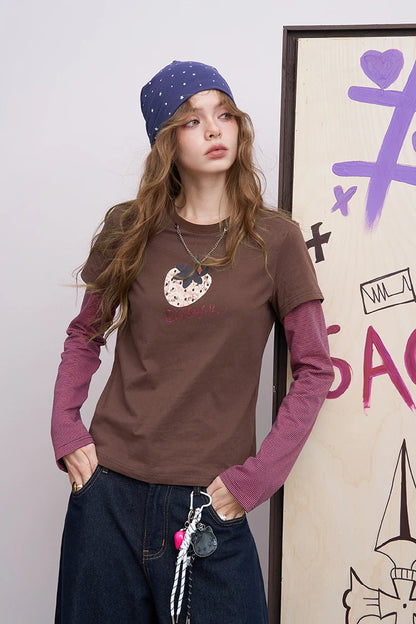 Women's Graphic Tee with Strawberry Print, Fake Two Piece Long Sleeve Top, Casual Slim Fit T-Shirt for Daily Wear